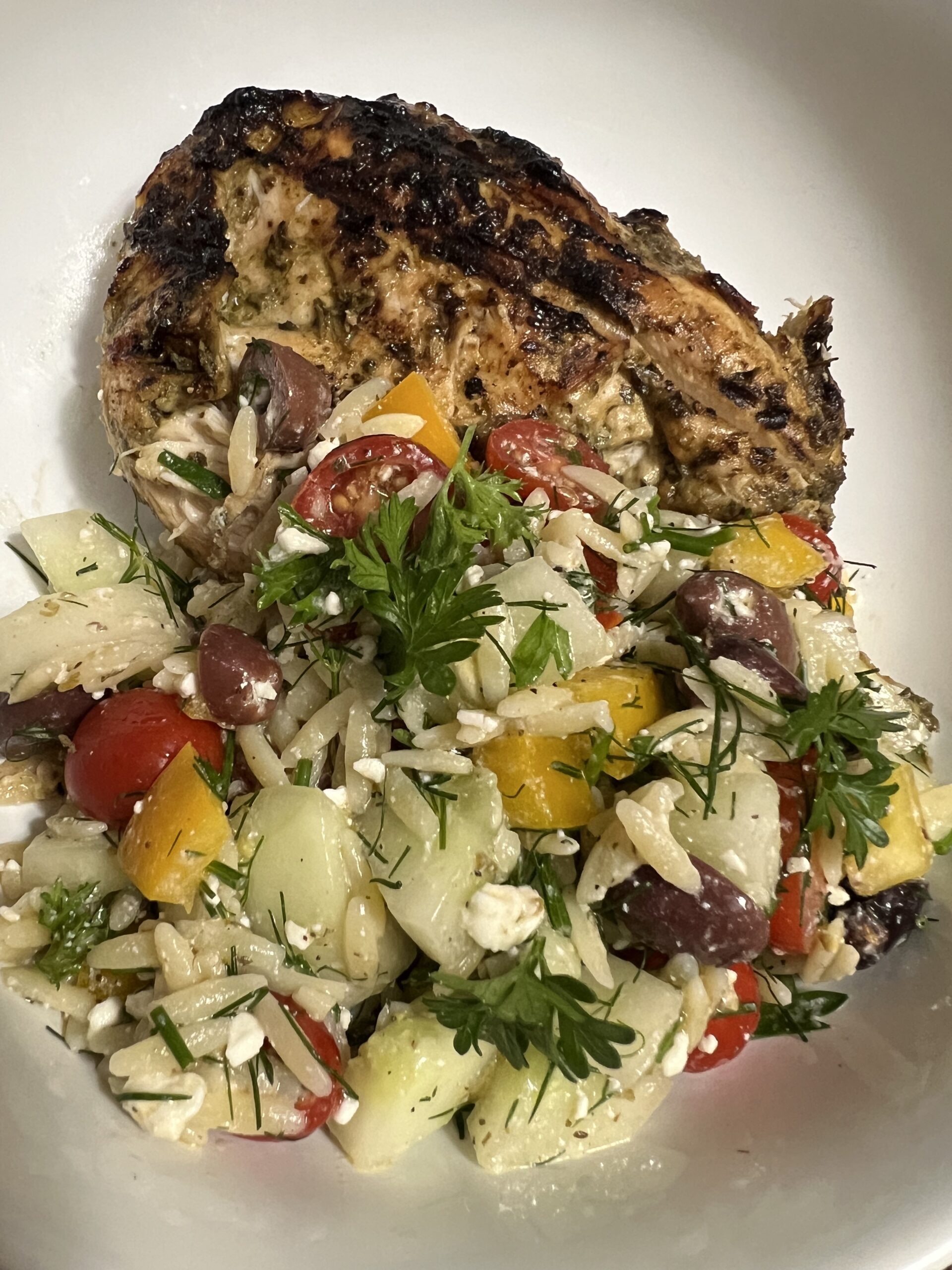 greek chicken vegetable and orzo salad